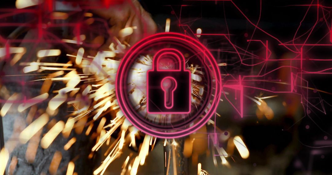 Cybersecurity Concept with Industrial Sparks and Pink Padlock Icon