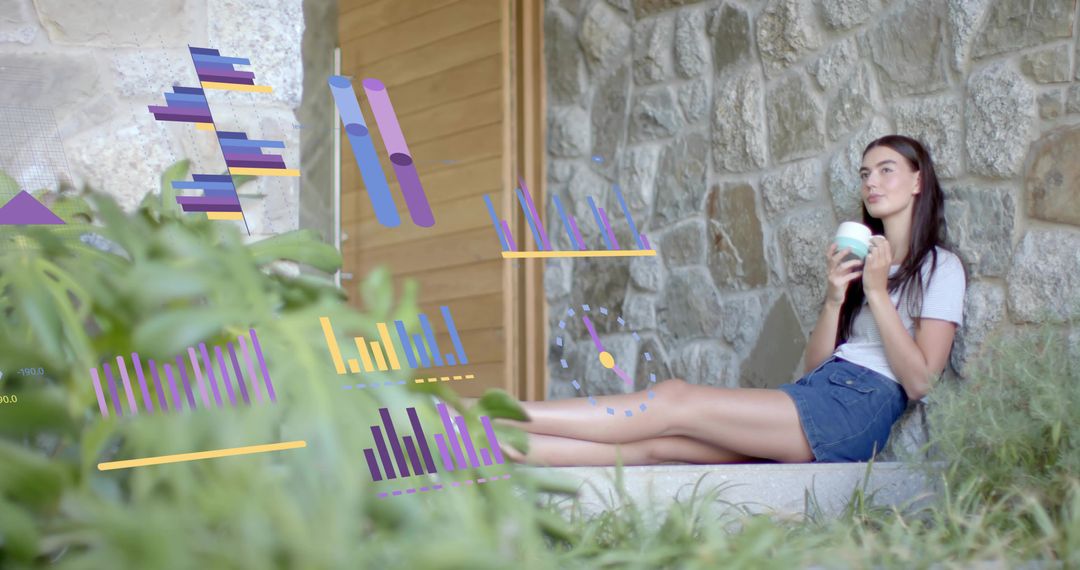Young woman relaxing with coffee on stone porch holding mug with holographic data charts
