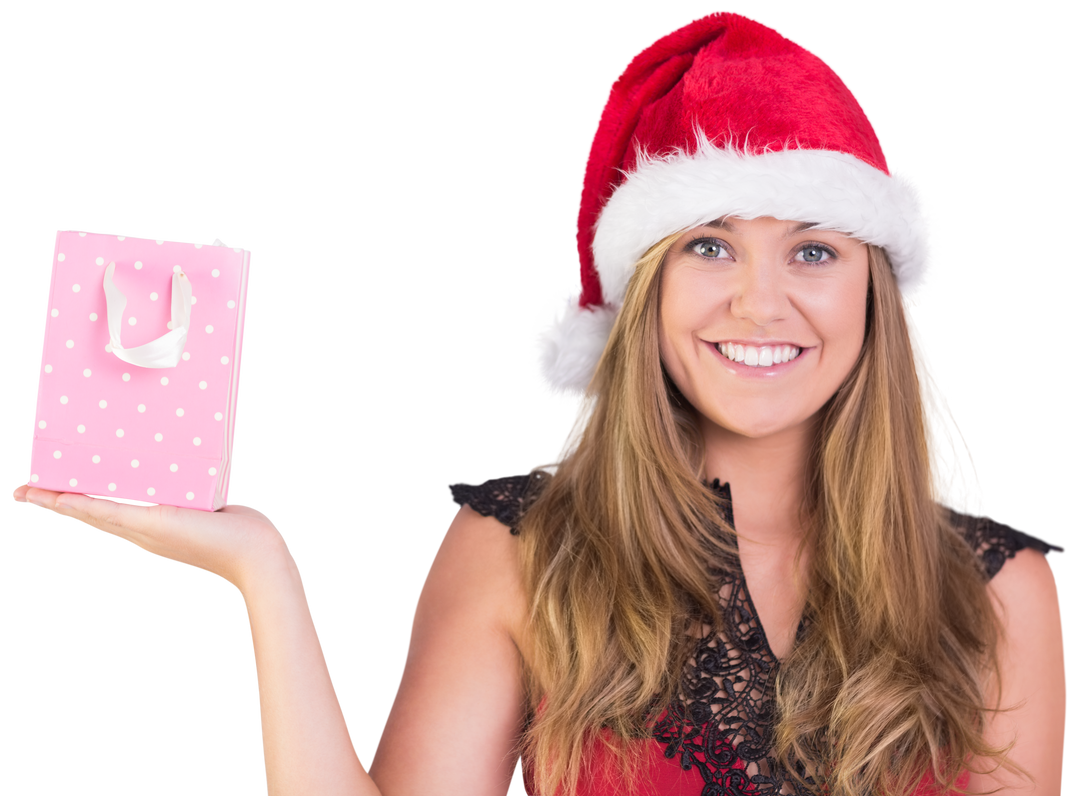 Smiling Woman with Gift Bag Wearing Santa Hat on Transparent Background - Download Free Stock Images Pikwizard.com