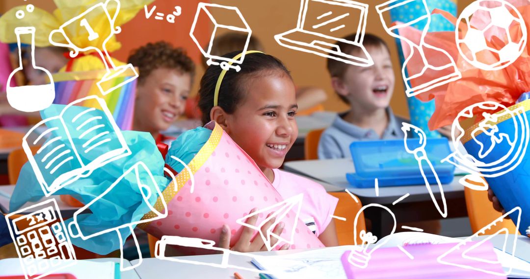 Smiling Girl with Polka-Dot Cone Embracing School Day Fun