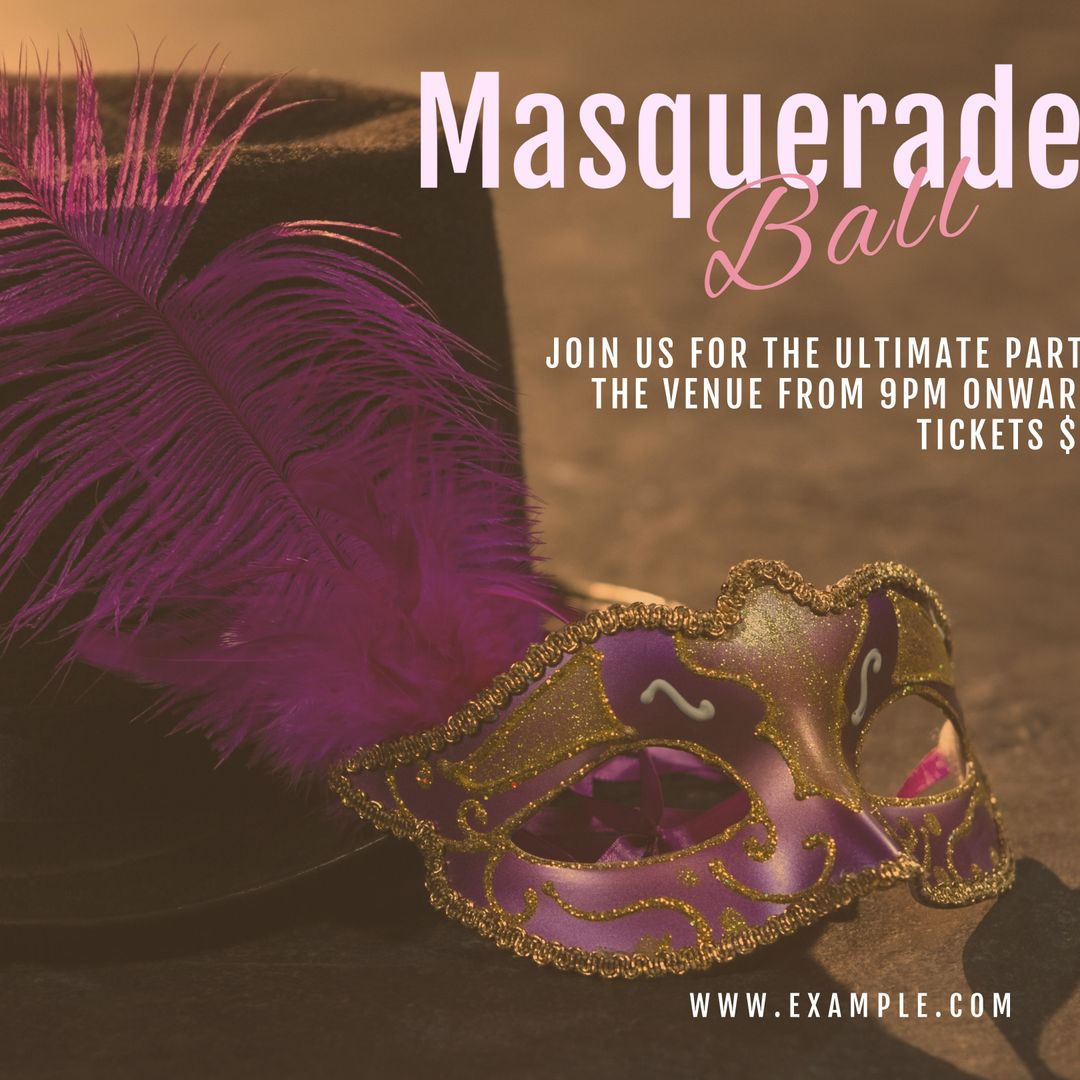 Elegant Masquerade Ball Invitation with Sophisticated Feathered Mask Theme - Download Free Stock Templates Pikwizard.com