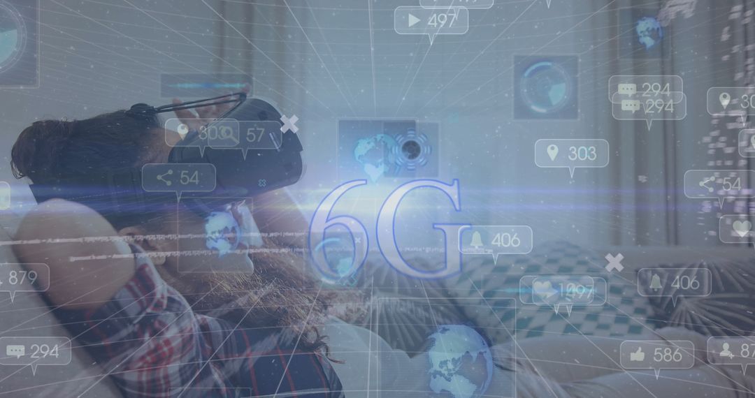 Female Relaxing with VR Headset Amidst 6G Technology Graphics