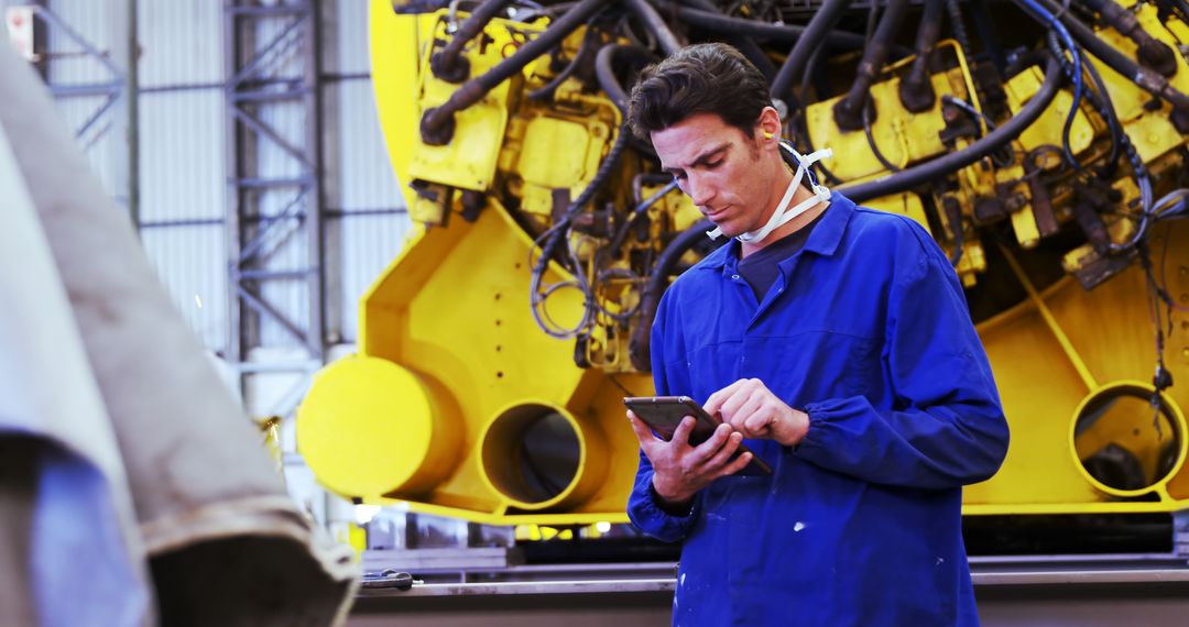 Engineer Inspecting Machinery Using Digital Tablet in Industrial Workshop - Free Images, Stock Photos and Pictures on Pikwizard.com