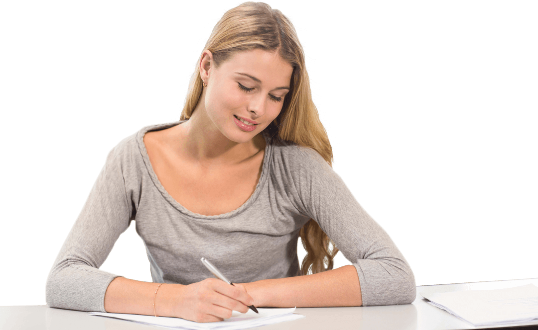 Smiling Businesswoman Writing on Papers on Transparent Background