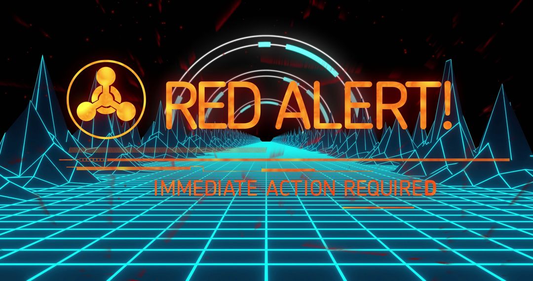 Digital Red Alert Warning on Futuristic Grid Landscape