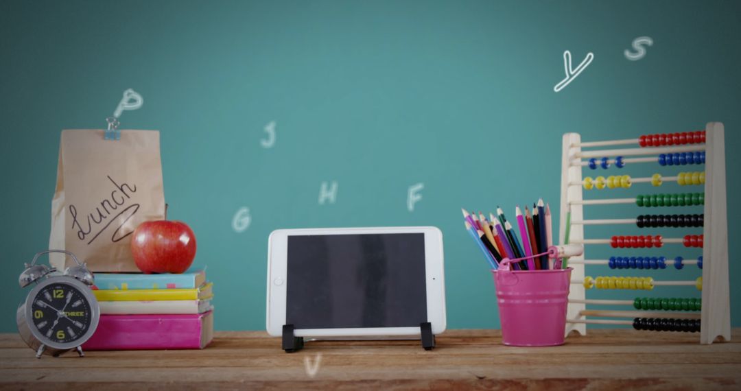 Back-to-School Desk with Tablet, Books, and Stationery