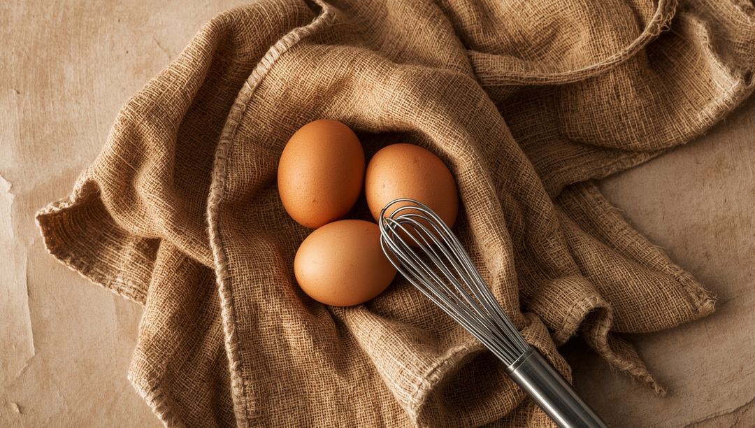 Rustic Culinary Still Life with Eggs and Whisk
