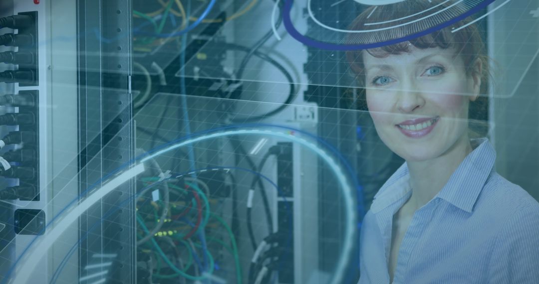 Smiling Woman Overlayed with Data Servers and Digital Connections