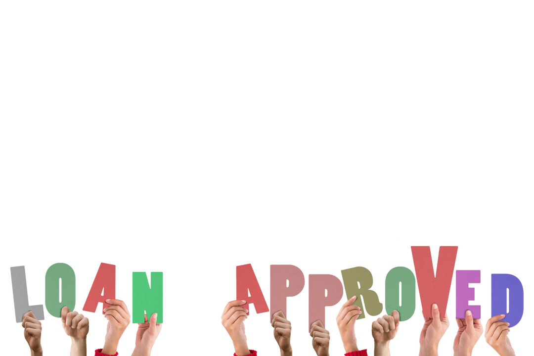 Hands Holding Colorful Loan Approved Letters on Transparent Background