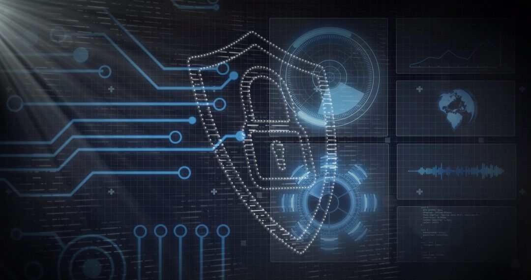 Digital Shield Security Interface with Data Panels and Circuit Lines