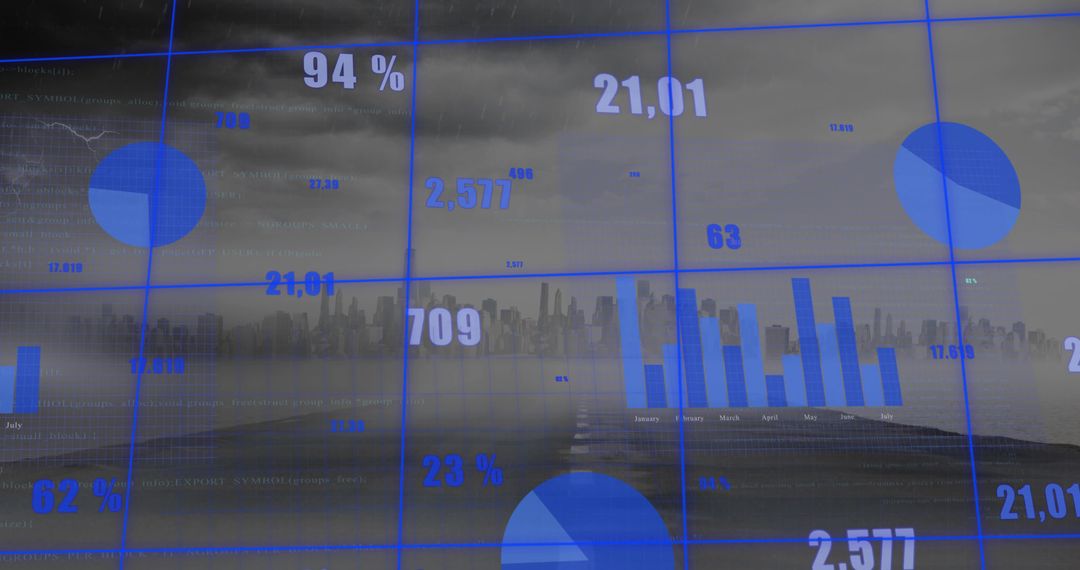 Cyan Infographics Overlay on Foggy City Waterfront with Bar Charts, Pie Graphs, Numeric Metrics