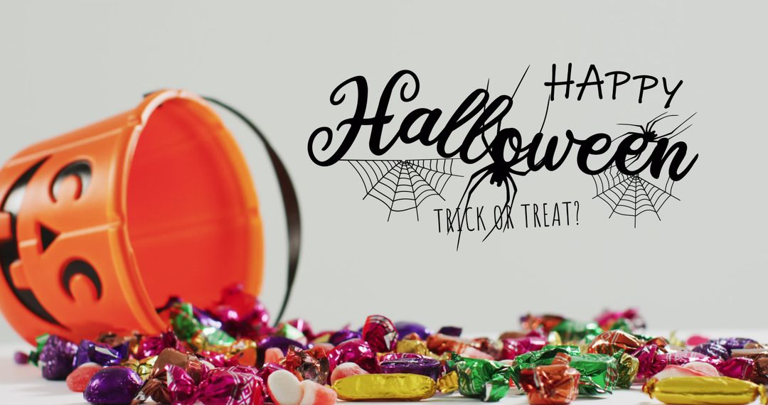Spooky Halloween Candy Overflow with Pumpkin Bucket on Grey Background