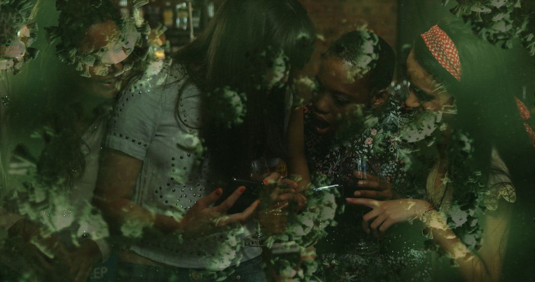 Digital Overlay of Floating Cells Over Club Scene with Diverse Friends