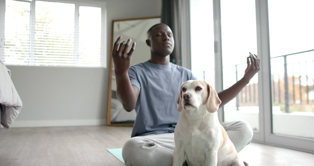 Young Man Meditating with His Dog in Modern Home - Free Images, Stock Photos and Pictures on Pikwizard.com