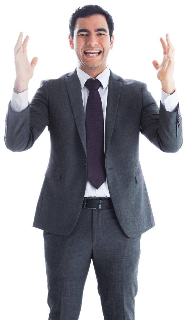 Stressed Businessman Raising Arms in Frustration on Transparent Background