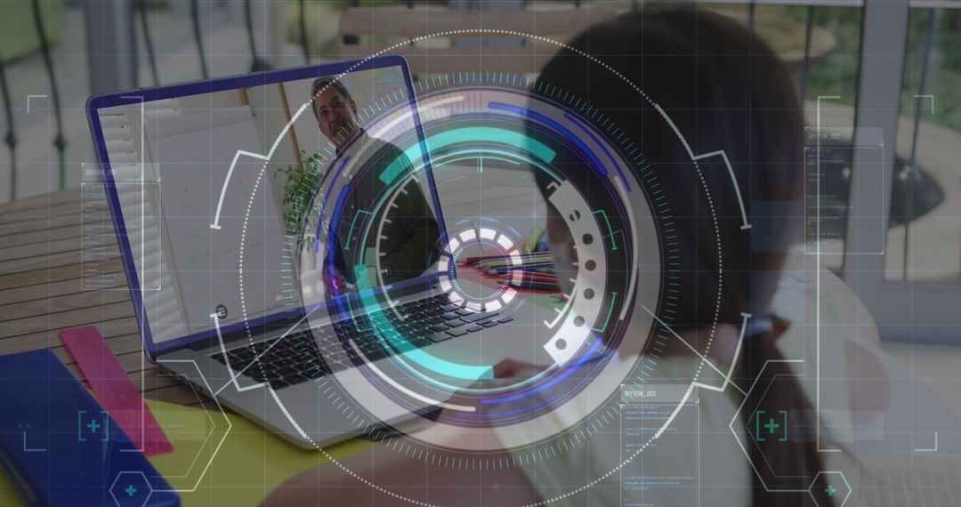 Student Engaging in Video Call with Futuristic Data Overlay