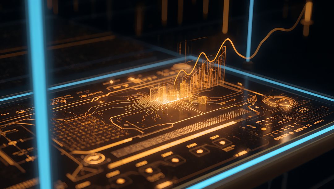 Holographic Circuit-Board Interface Projecting 3D Bar Chart and Neon Data Visualization