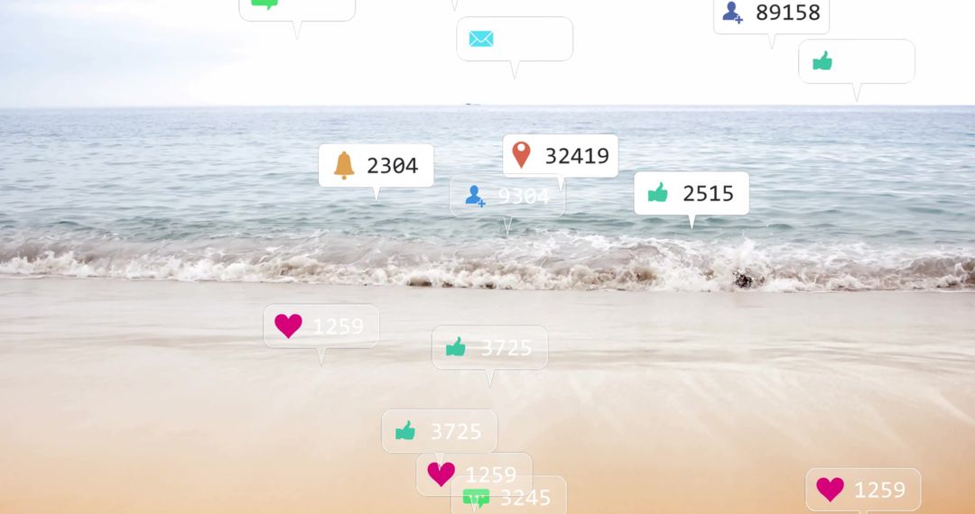 Social Media Popup Icons Over Tranquil Beach Scene