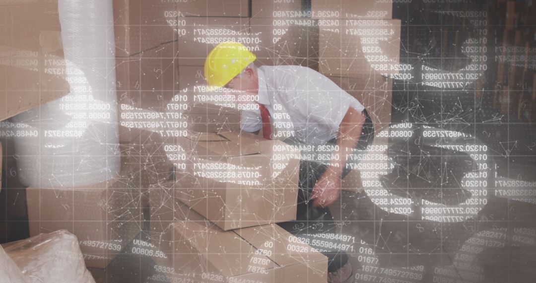 Warehouse Worker Amidst Blockchain Concepts