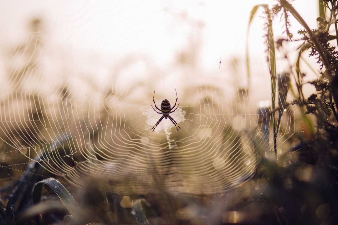Garden orb-weaver spider resting on dewy web at sunrise with soft bokeh
