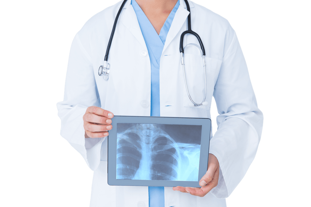 Transparent Doctor Showing Chest X-Ray on Digital Device