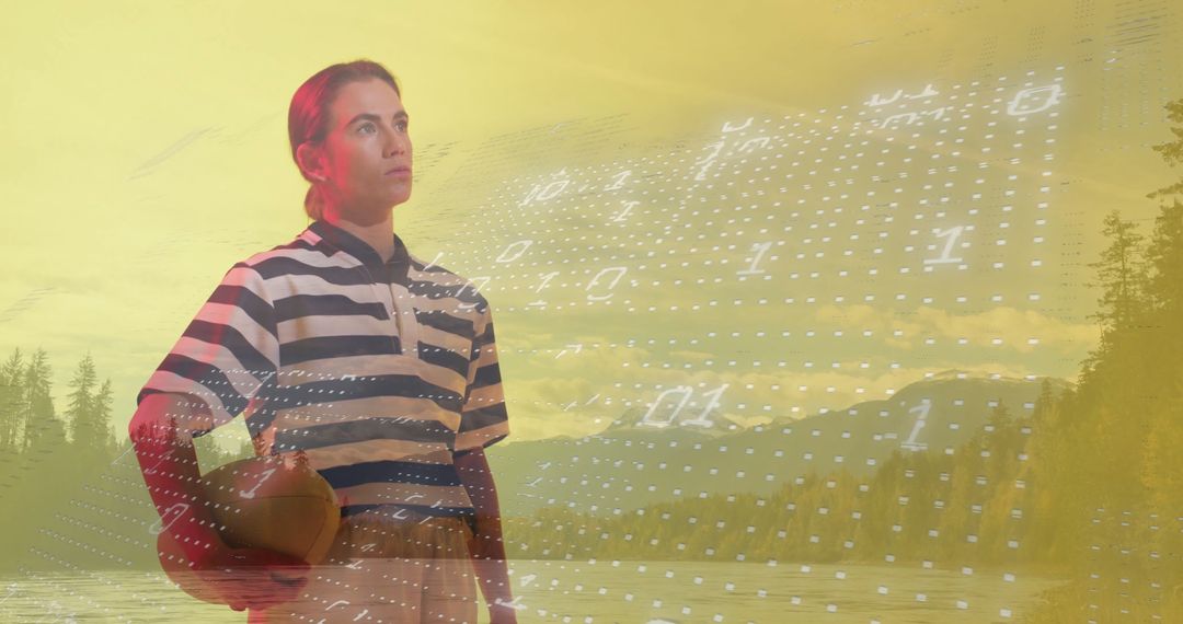 Woman at Lakeside with Digital Binary Overlay Holds Leather Ball