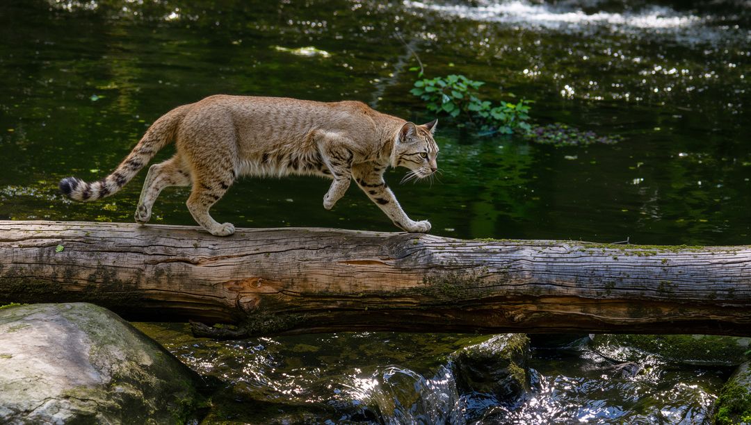 Bobcat Balancing on Mossy Log Across Shallow Forest Stream