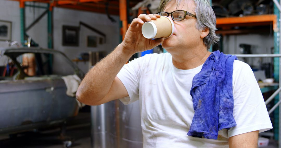 Middle-aged Man Drinking Coffee in Auto Repair Shop - Free Images, Stock Photos and Pictures on Pikwizard.com