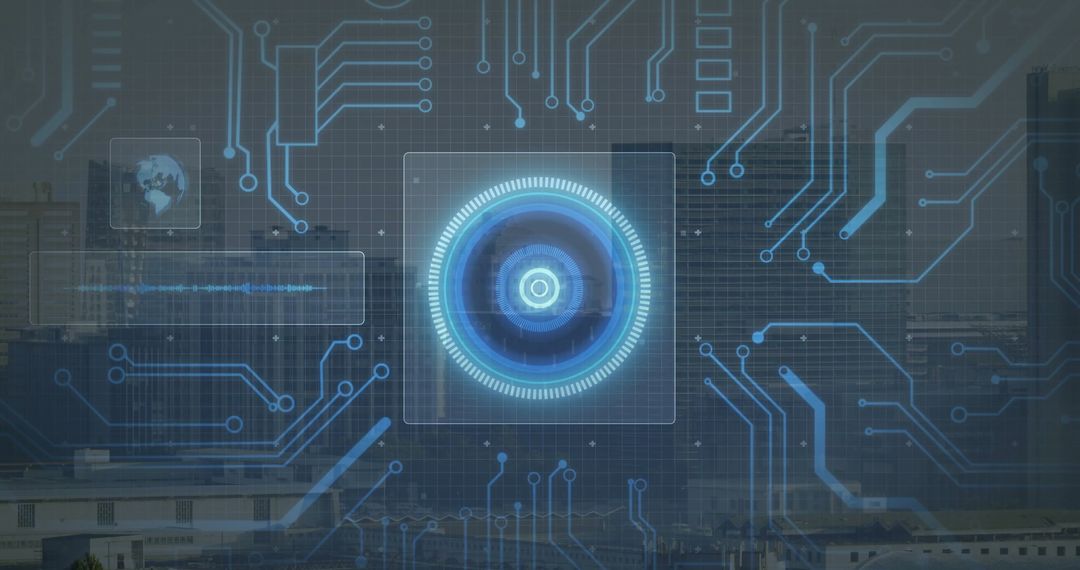 Futuristic Holographic Interface Overlaid on City Skyline