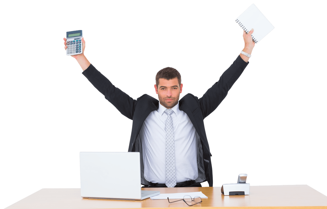 Triumphant Businessman Holding Calculator and Notebook Transparent Background