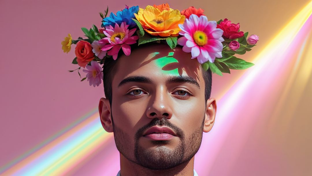 Floral Crown Portrait of Middle Eastern Man with Colorful Light Effects