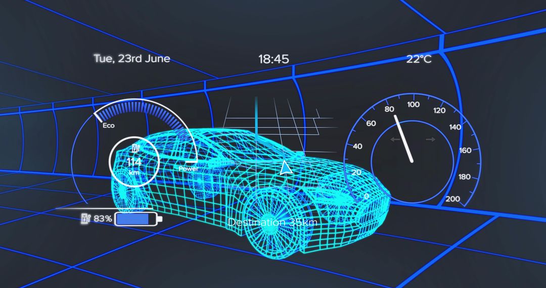 Futuristic Wireframe Sedan Model with Virtual Interface Displays
