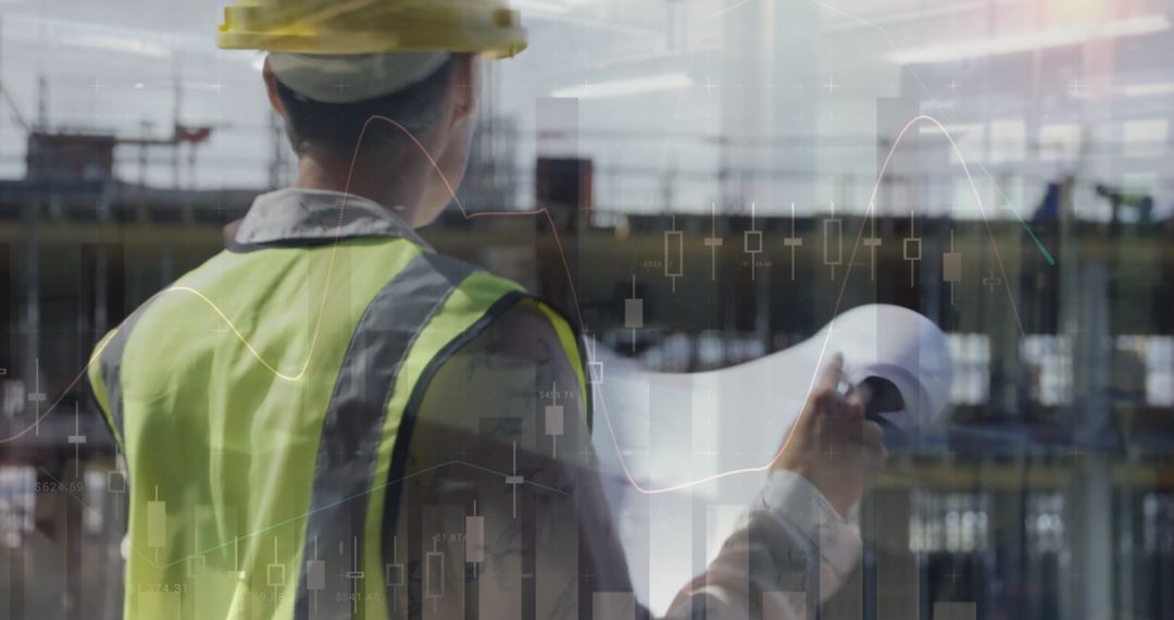Female Architect Holding Blueprints at Construction Site with Graph Overlay