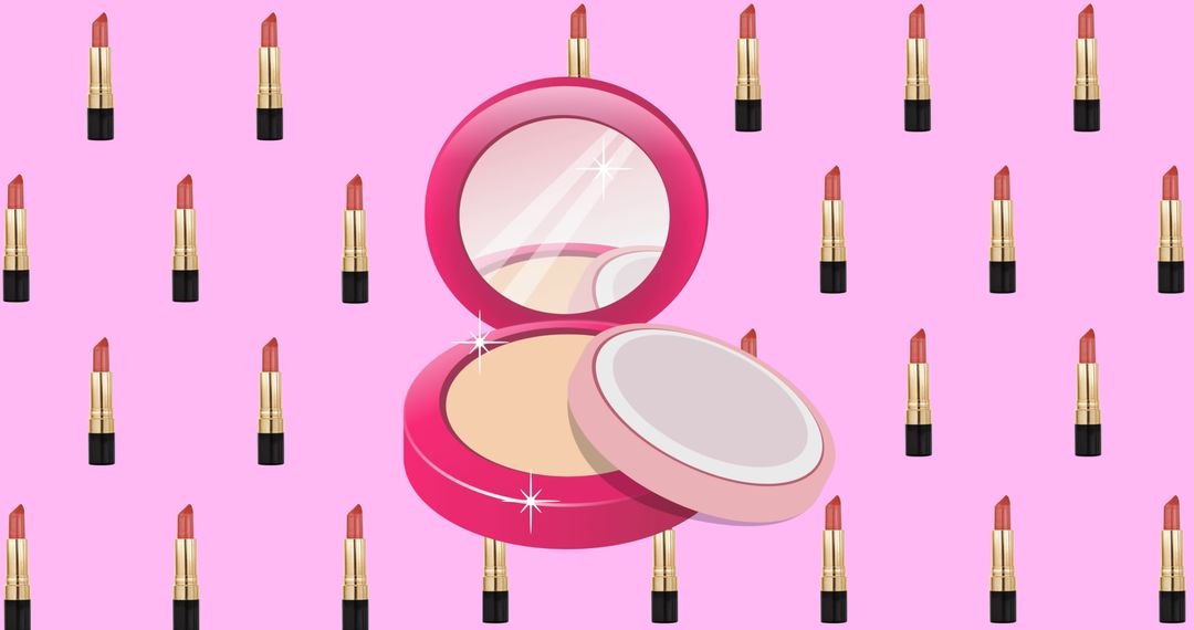 Fashion Icons Pattern with Powder and Lipstick on Pink Background