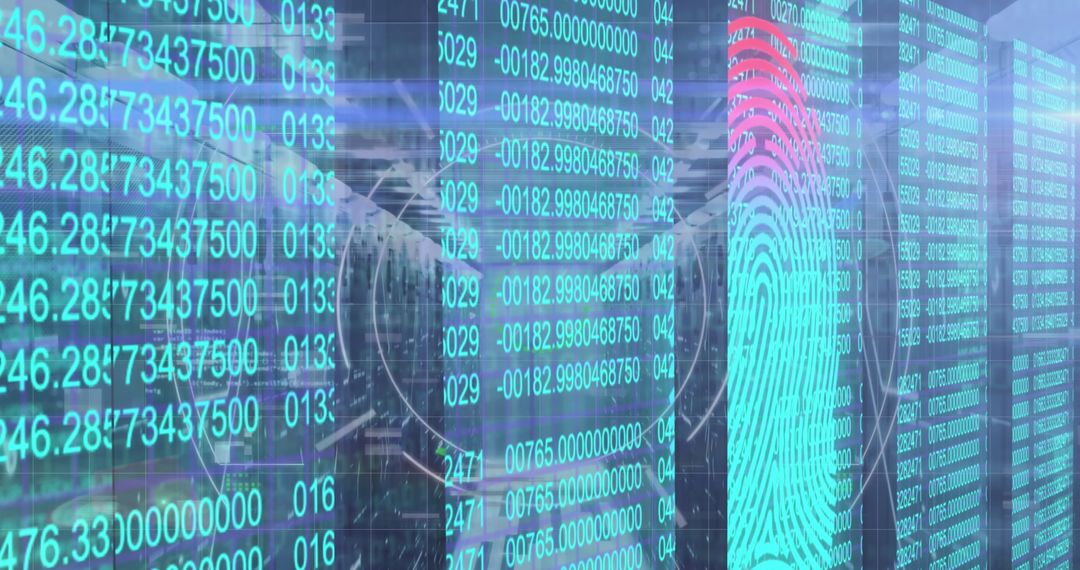 Fingerprint Overlay on Digital Code Reflecting Cybersecurity and Data Innovation