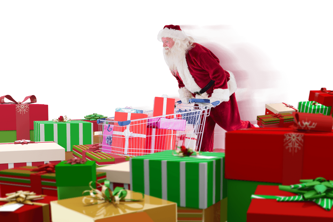 Santa Pushing Cart Filled with Gifts on Transparent Background