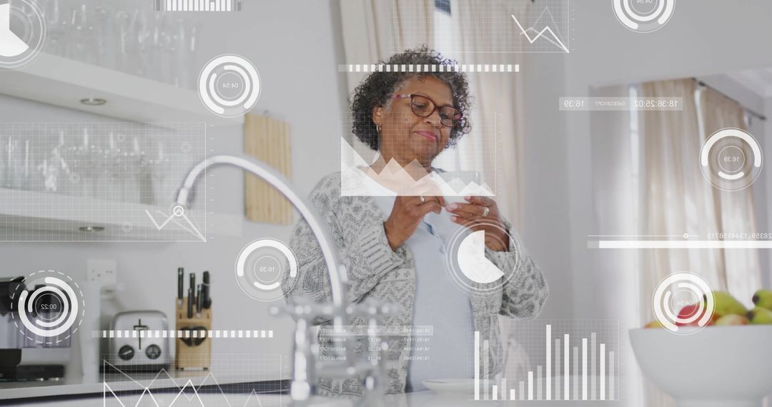 Senior Woman in Kitchen Analyzing Digital Data Interfaces with Coffee