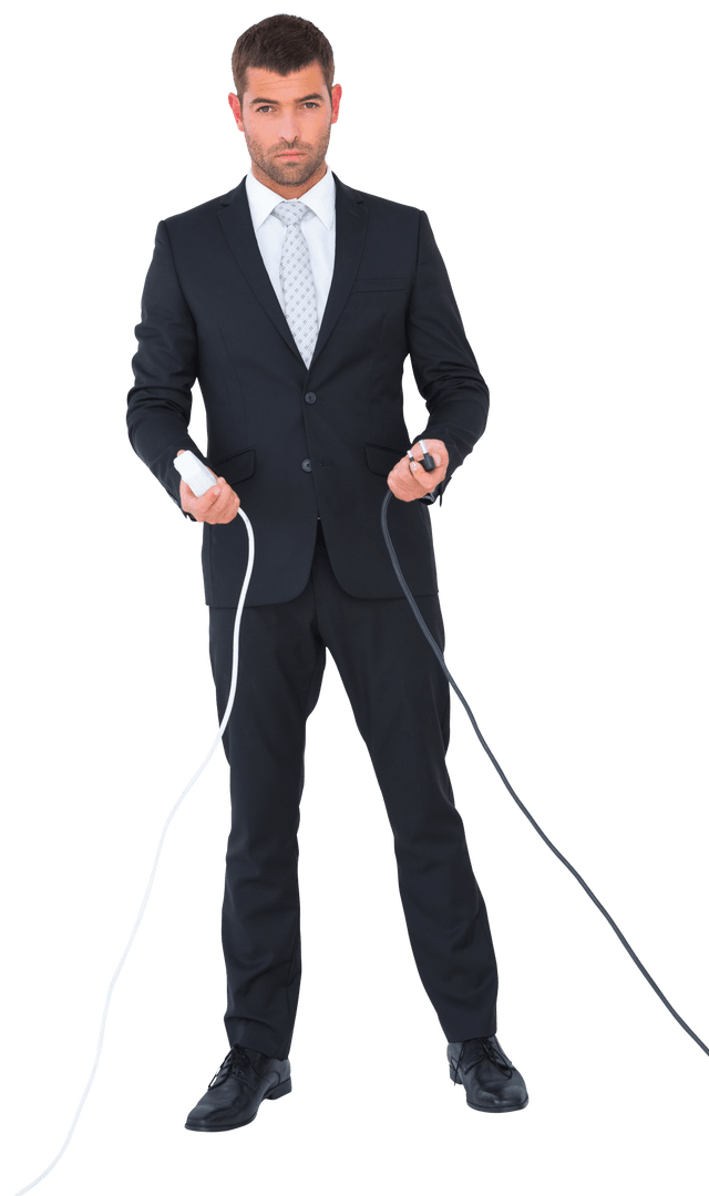 Transparent Businessman Holding Connecting Cables Conference Concept