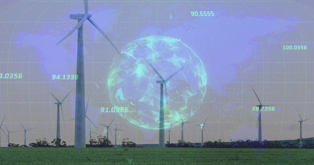 Holographic Energy Network Projecting Over Wind Farm Showing Real-Time Data Readouts