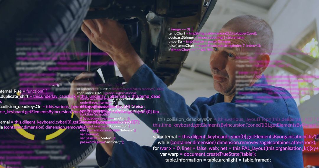 Mechanic Tightening Bolt Under Car with Floating Code Overlay