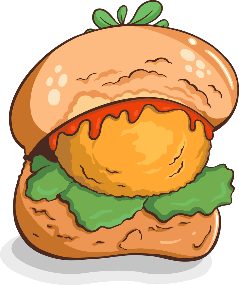 Floating Cartoony Sandwich with Crispy Patty on Transparent Background