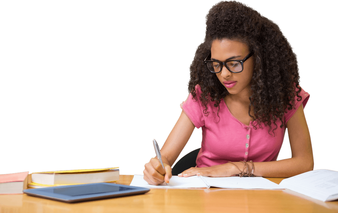Transparent Student Studying with Books and Tablet in Library