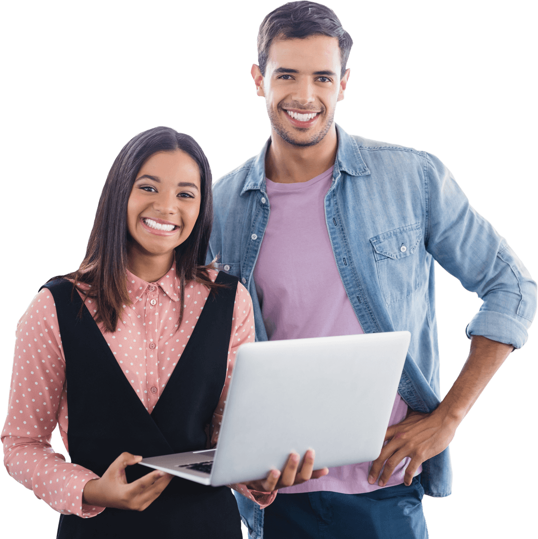 Transparent Smiling Team with Laptop Portrait