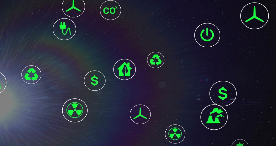 Floating Neon Green Sustainability Icons Over Cosmic Flare Representing Renewable Energy