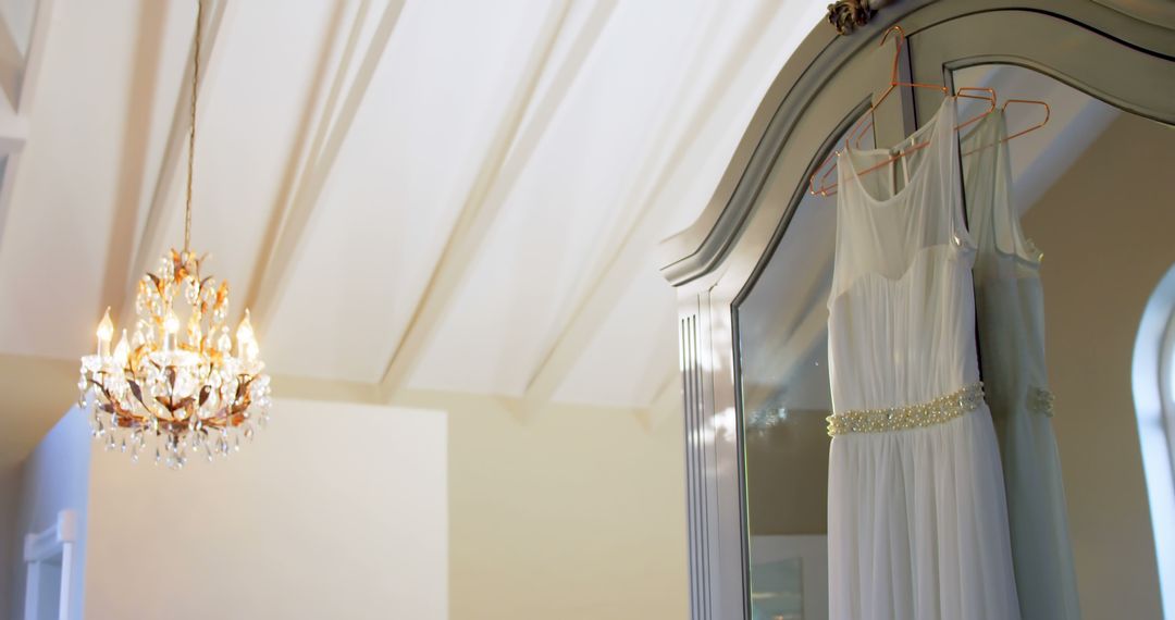 Elegant White Wedding Dress Hanging on Vintage Armoire in Bright Room - Free Images, Stock Photos and Pictures on Pikwizard.com