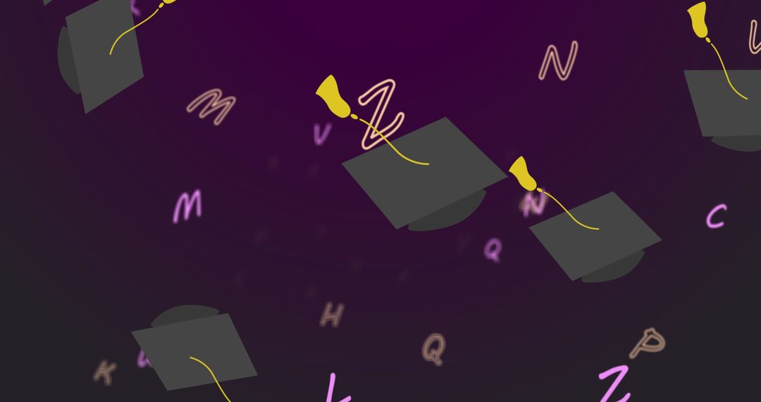 Graduation Caps Floating Amidst Letters on Purple Background