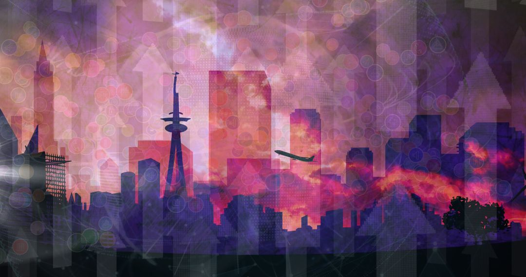Dynamic Cityscape with Airplane and Data Arrows Overlay