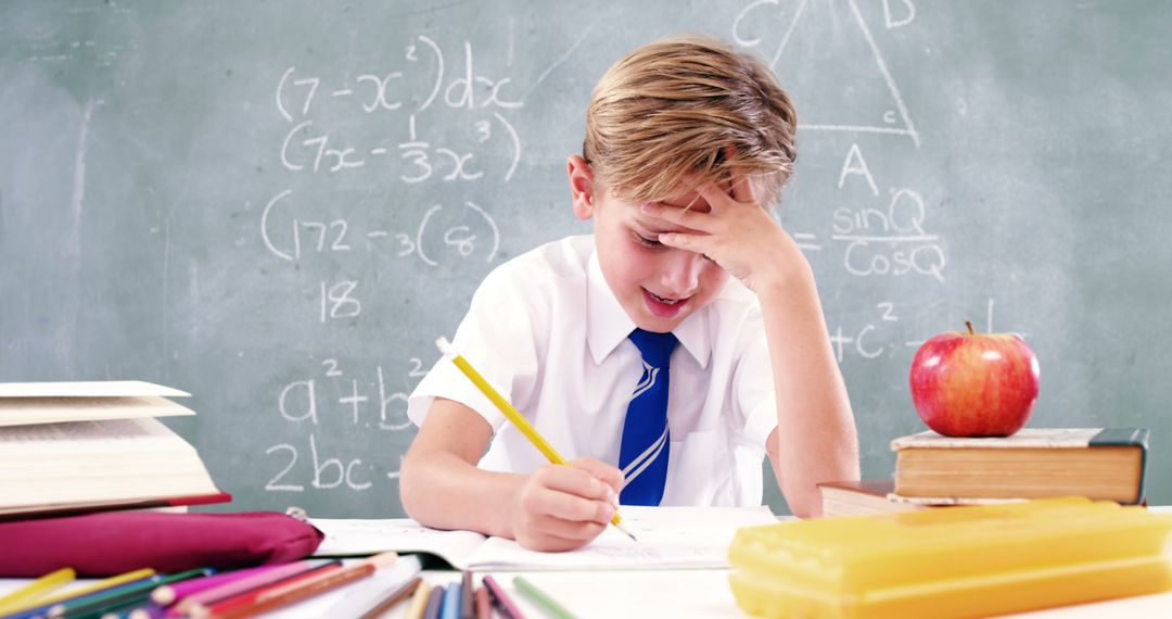 Stressed School Boy Solving a Difficult Math Problem at Desk - Free Images, Stock Photos and Pictures on Pikwizard.com