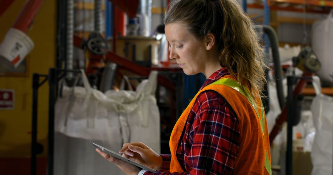 Female Worker Using Tablet in Warehouse with Safety Vest - Free Images, Stock Photos and Pictures on Pikwizard.com