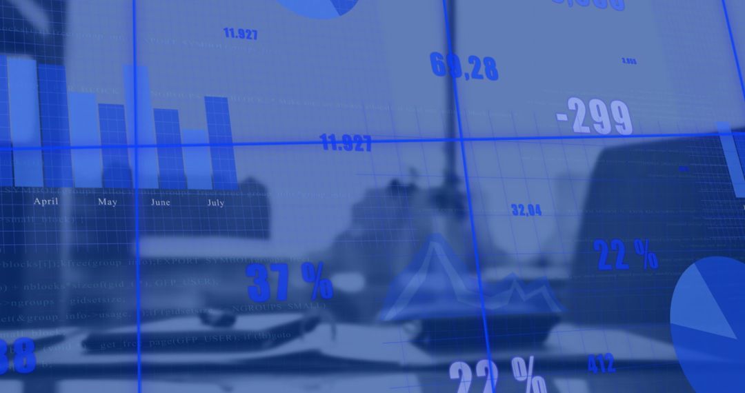 Blue Data Charts and Digital Interface Overlooking Cityscape View